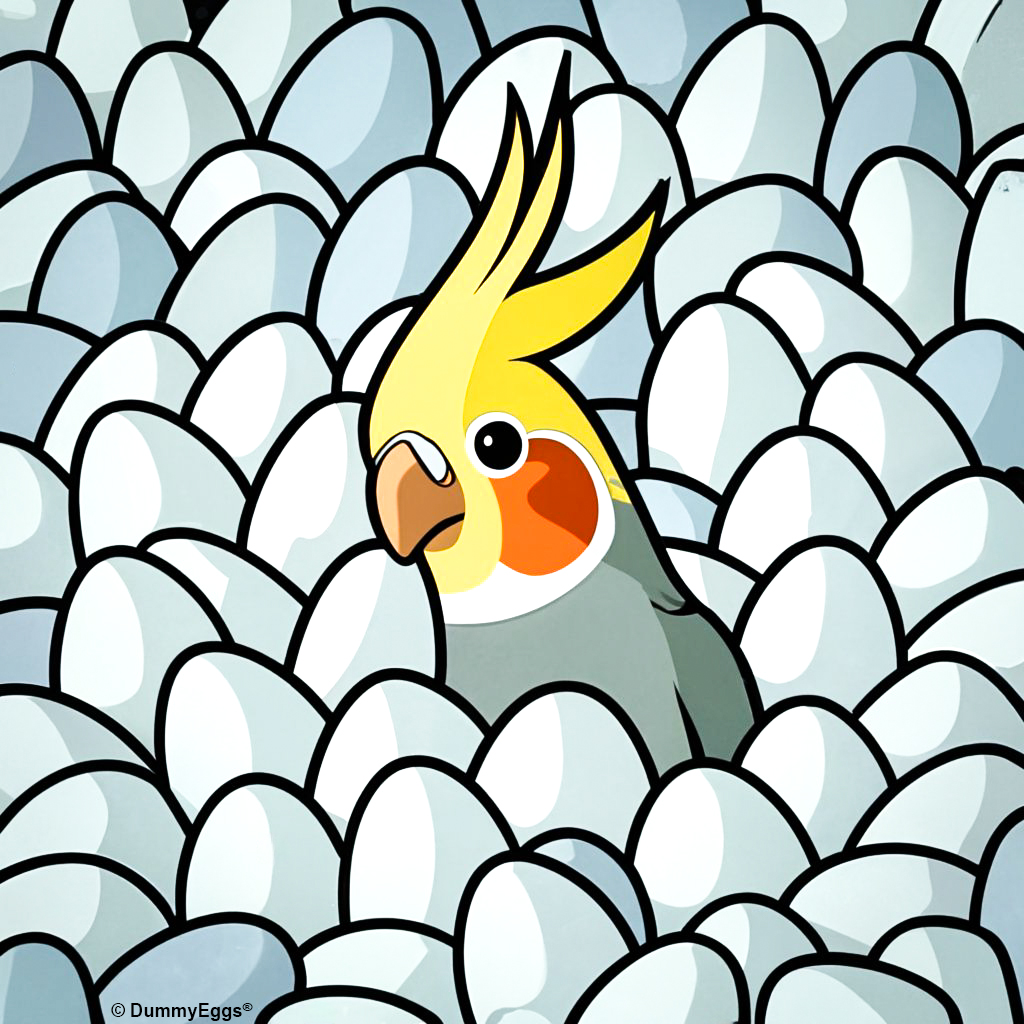 Illustration of a cockatiel buried in a pile of white eggs with his yellow comb and orange cheek peaking out